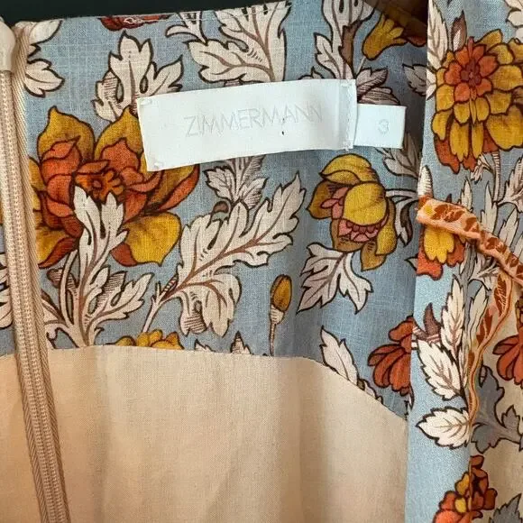 Zimmermann Andie Buttoned Floral Linen Mini Dress Long Sleeve 3 Large - Picture 8 of 16